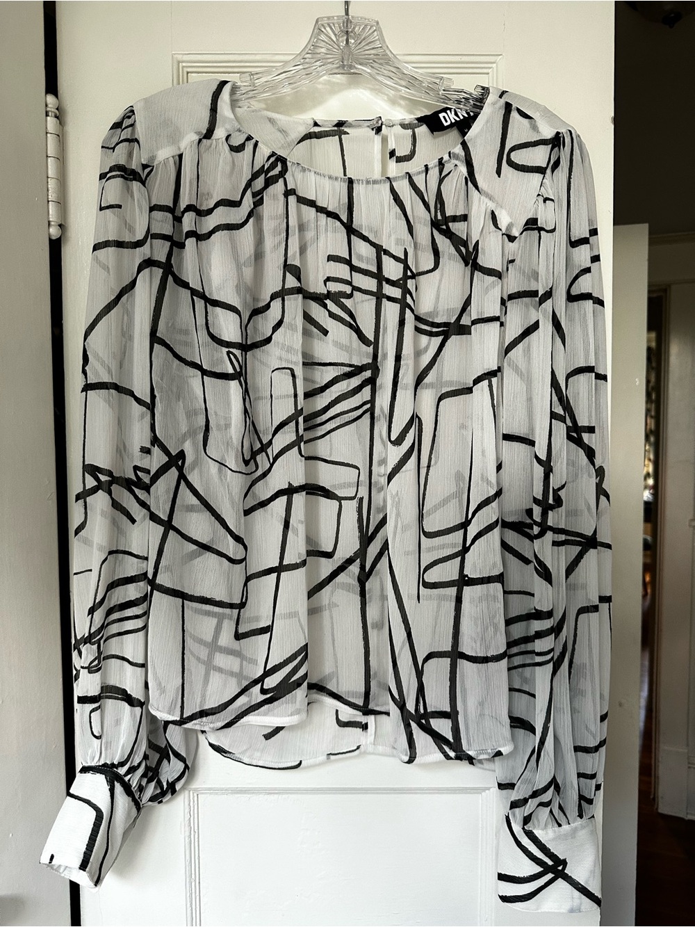 DKNY White & Black Abstract Print Long-Sleeve Sheer Blouse